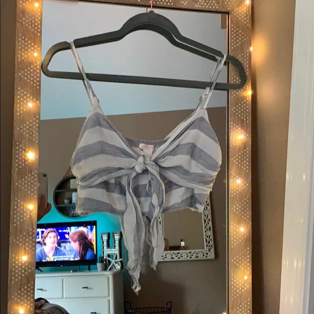 Blue & White Striped Front Tie Crop Top